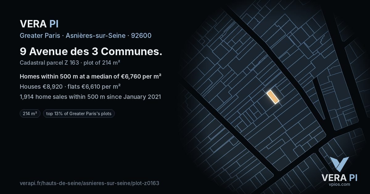 9 Avenue des 3 Communes, Asnières-sur-Seine at night – the plot lit, the parcels around coloured by the prices near them