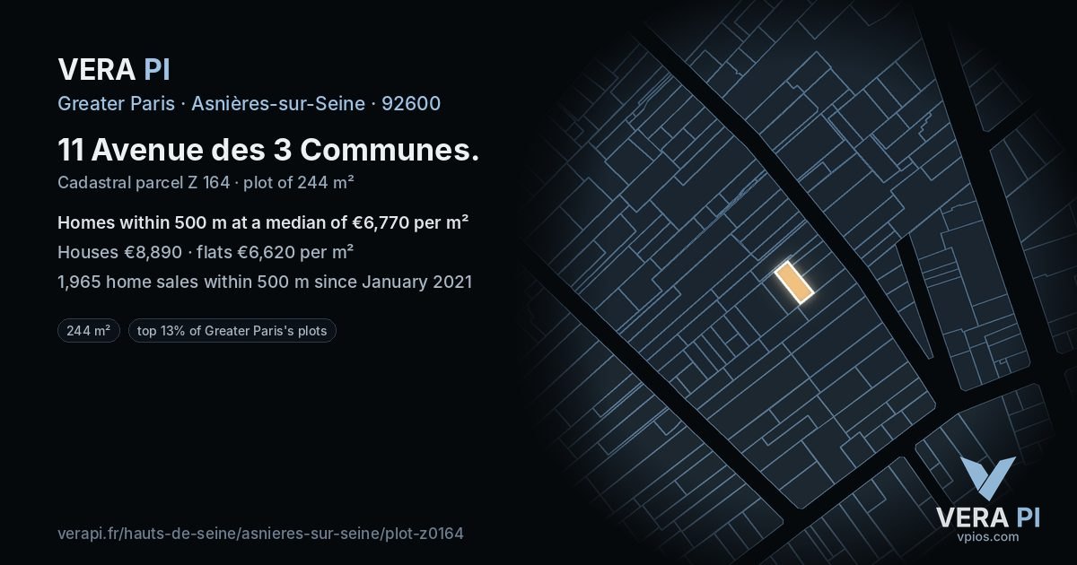 11 Avenue des 3 Communes, Asnières-sur-Seine at night – the plot lit, the parcels around coloured by the prices near them