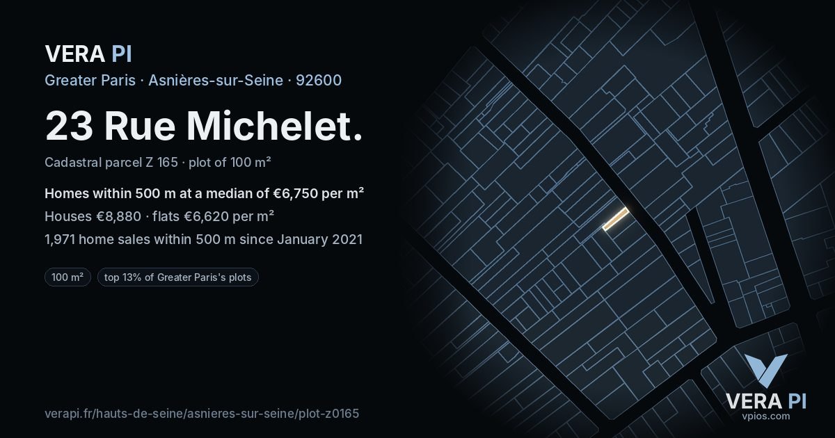 23 Rue Michelet, Asnières-sur-Seine at night – the plot lit, the parcels around coloured by the prices near them