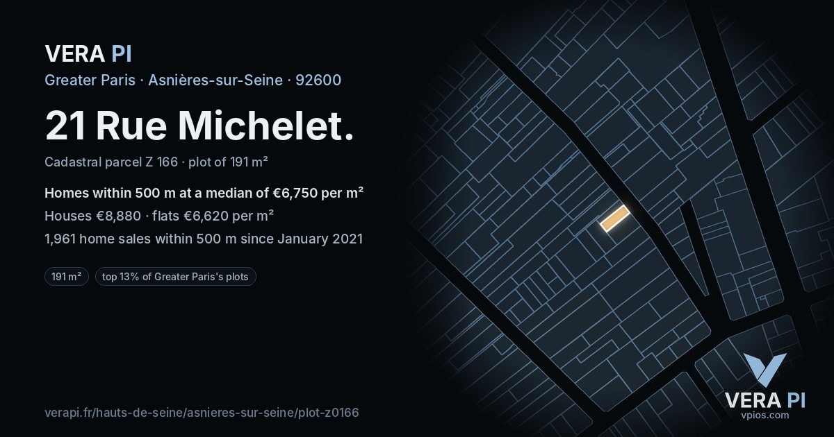 21 Rue Michelet, Asnières-sur-Seine at night – the plot lit, the parcels around coloured by the prices near them