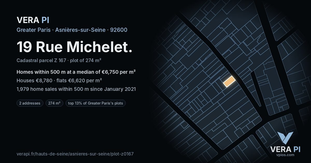 19 Rue Michelet, Asnières-sur-Seine at night – the plot lit, the parcels around coloured by the prices near them