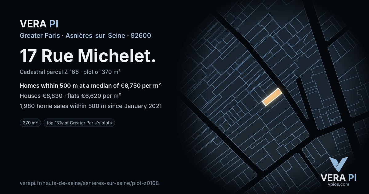 17 Rue Michelet, Asnières-sur-Seine at night – the plot lit, the parcels around coloured by the prices near them