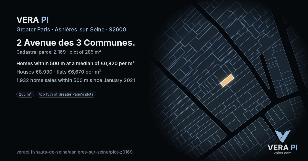 2 Avenue des 3 Communes, Asnières-sur-Seine at night – the plot lit, the parcels around coloured by the prices near them