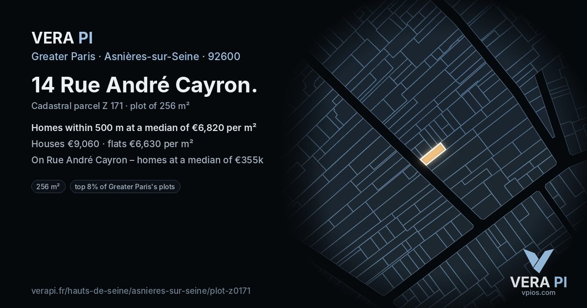 14 Rue André Cayron, Asnières-sur-Seine at night – the plot lit, the parcels around coloured by the prices near them