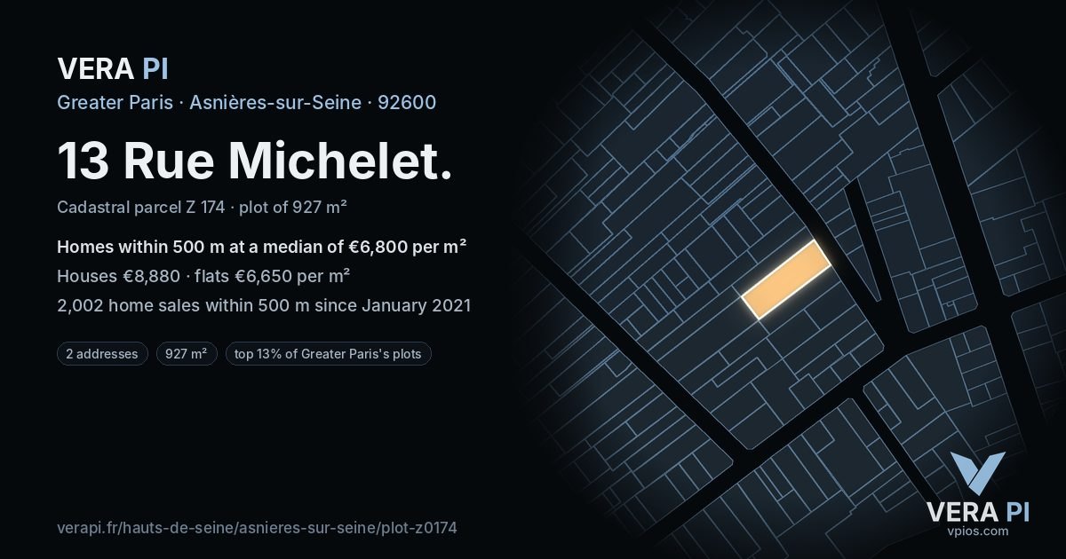 13 Rue Michelet, Asnières-sur-Seine at night – the plot lit, the parcels around coloured by the prices near them