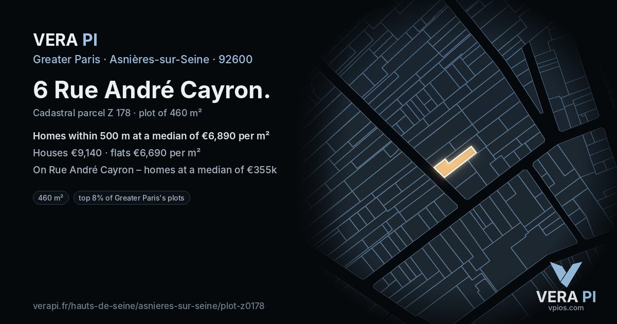 6 Rue André Cayron, Asnières-sur-Seine at night – the plot lit, the parcels around coloured by the prices near them