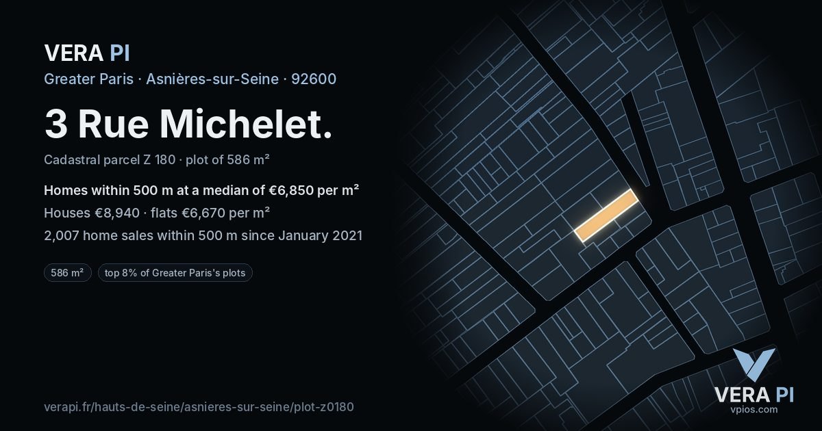 3 Rue Michelet, Asnières-sur-Seine at night – the plot lit, the parcels around coloured by the prices near them