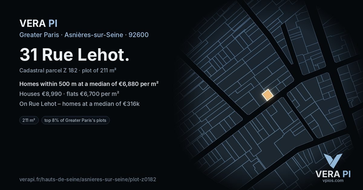 31 Rue Lehot, Asnières-sur-Seine at night – the plot lit, the parcels around coloured by the prices near them