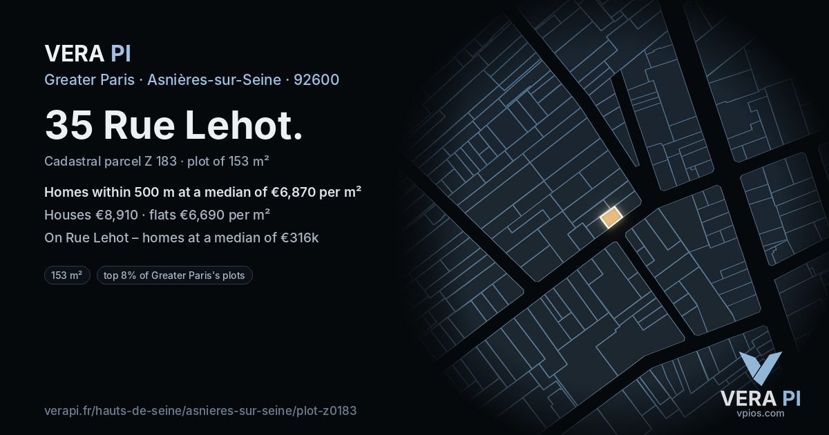 35 Rue Lehot, Asnières-sur-Seine at night – the plot lit, the parcels around coloured by the prices near them