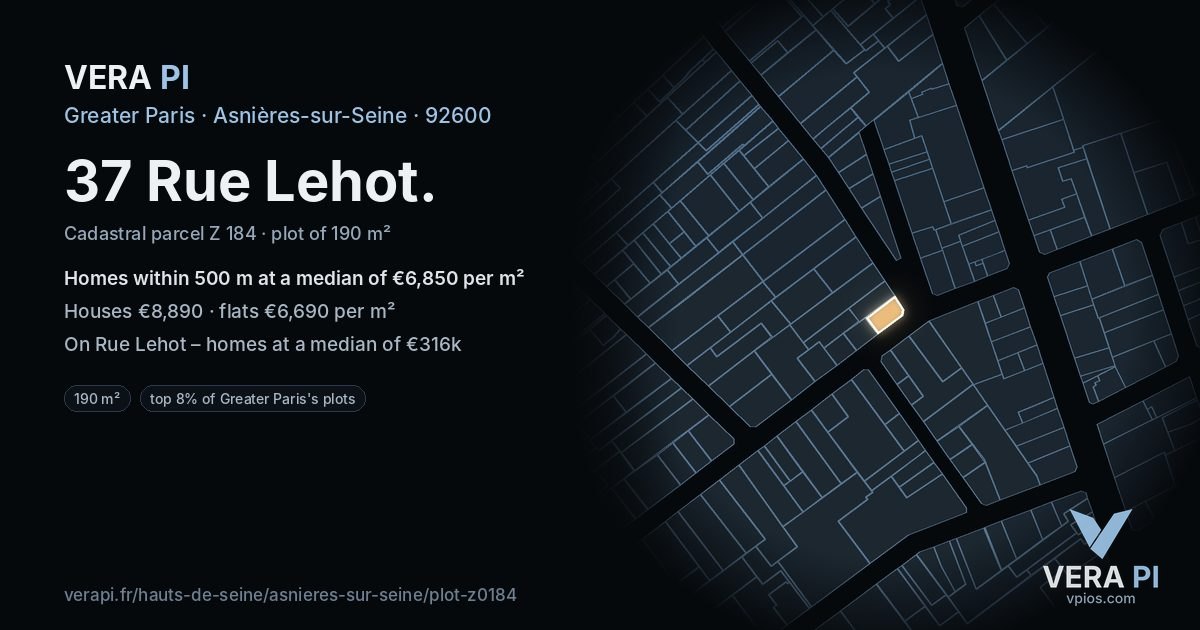 37 Rue Lehot, Asnières-sur-Seine at night – the plot lit, the parcels around coloured by the prices near them