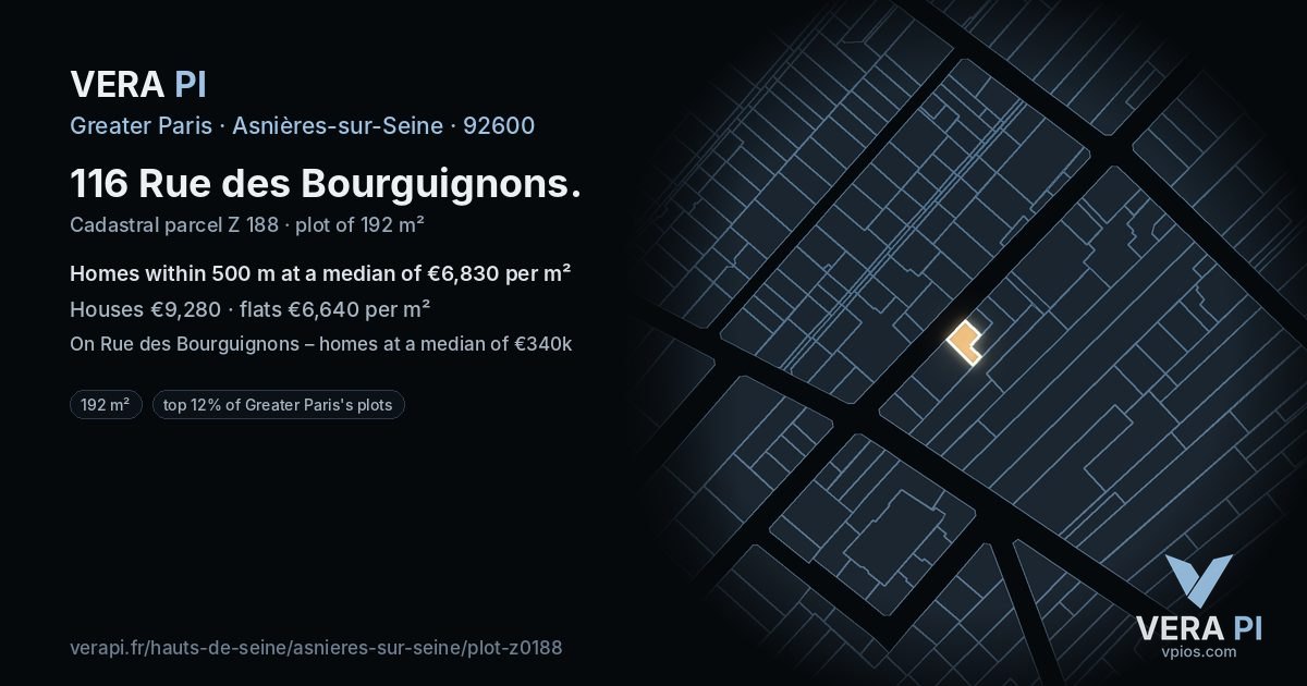 116 Rue des Bourguignons, Asnières-sur-Seine at night – the plot lit, the parcels around coloured by the prices near them