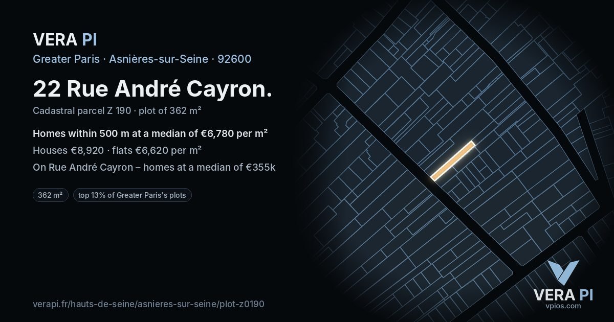 22 Rue André Cayron, Asnières-sur-Seine at night – the plot lit, the parcels around coloured by the prices near them