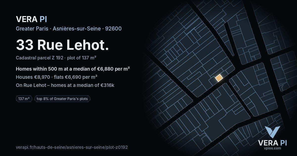 33 Rue Lehot, Asnières-sur-Seine at night – the plot lit, the parcels around coloured by the prices near them