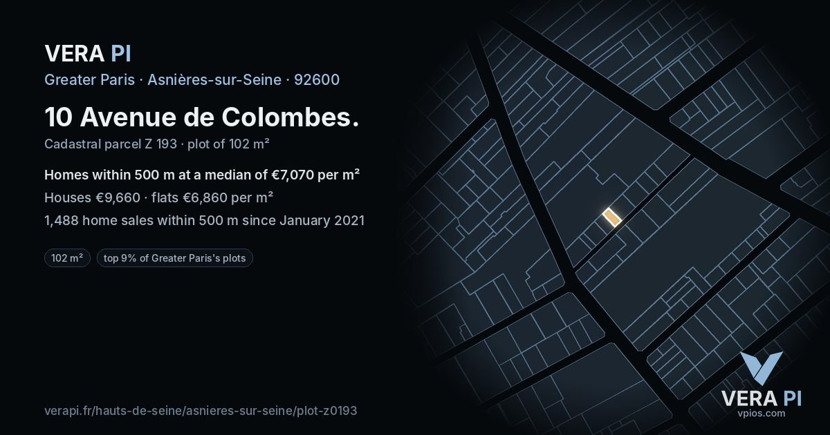 10 Avenue de Colombes, Asnières-sur-Seine at night – the plot lit, the parcels around coloured by the prices near them