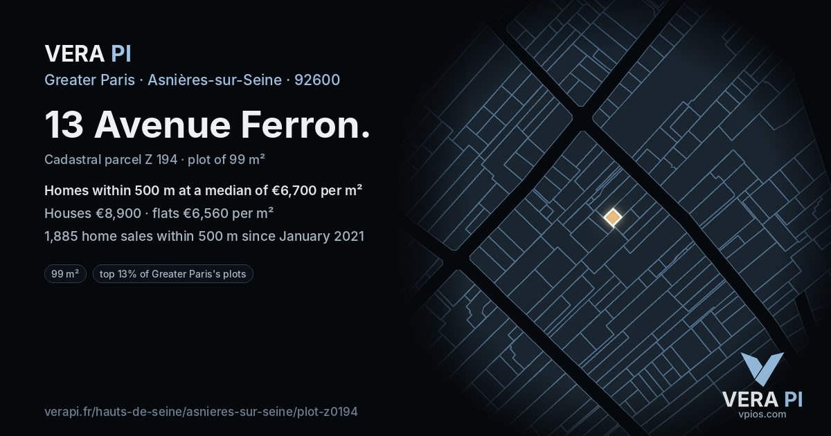 13 Avenue Ferron, Asnières-sur-Seine at night – the plot lit, the parcels around coloured by the prices near them