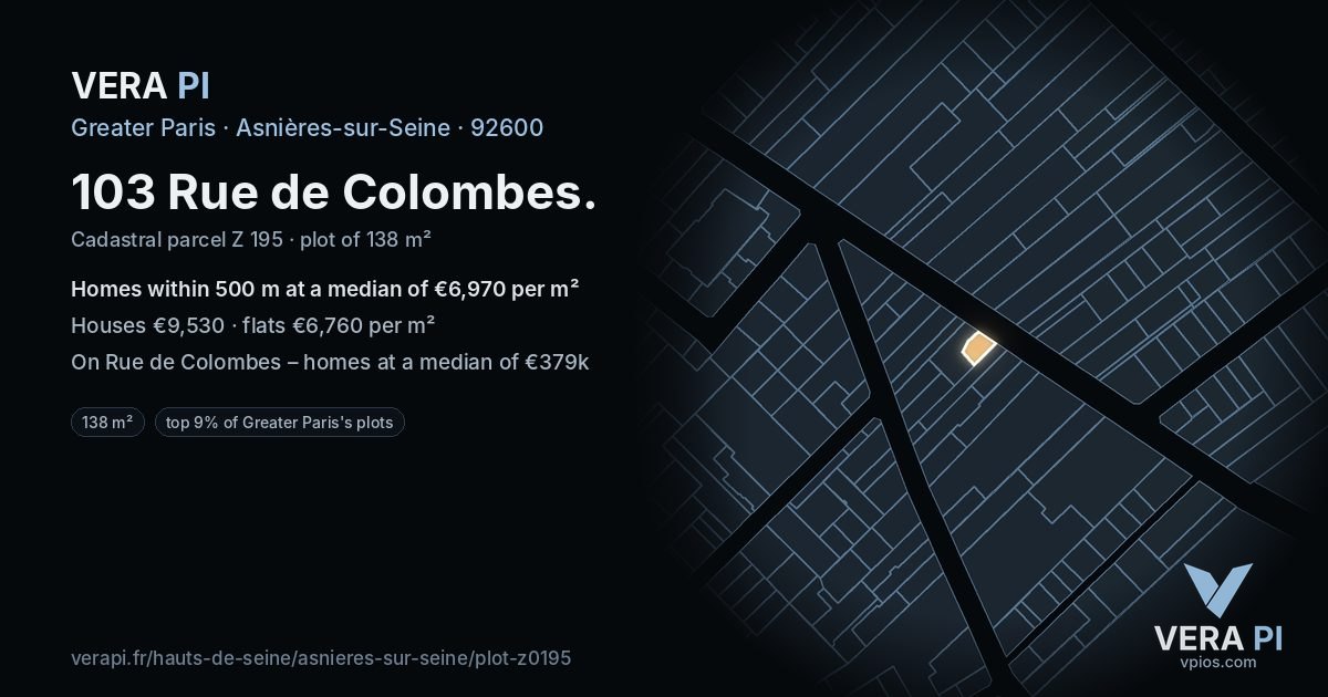 103 Rue de Colombes, Asnières-sur-Seine at night – the plot lit, the parcels around coloured by the prices near them