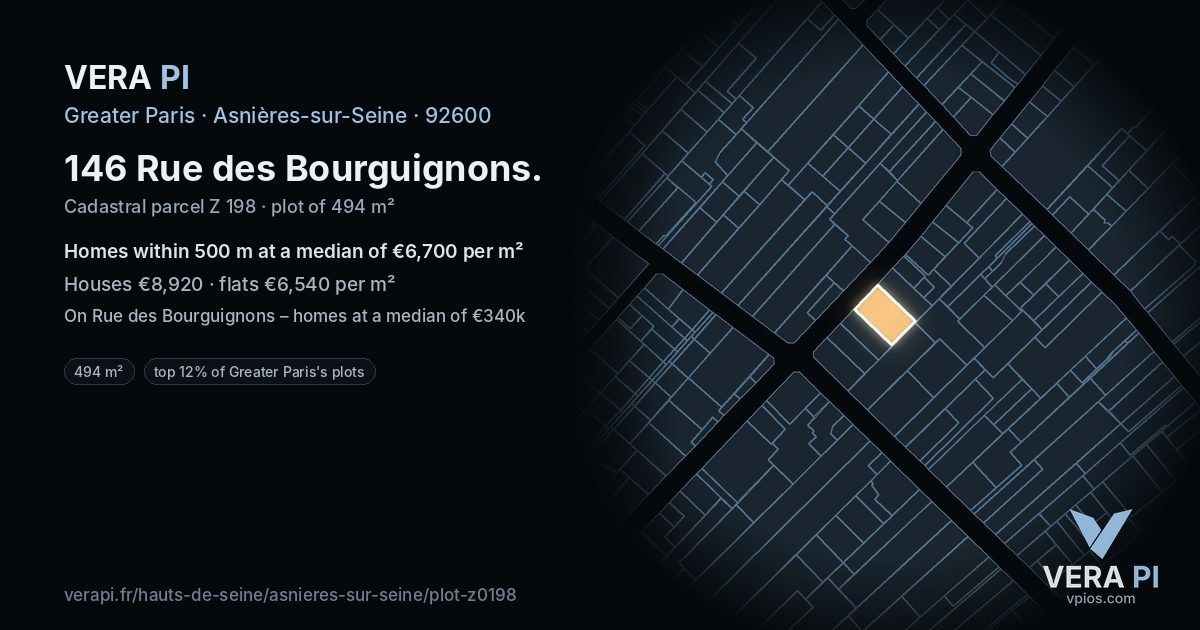 146 Rue des Bourguignons, Asnières-sur-Seine at night – the plot lit, the parcels around coloured by the prices near them