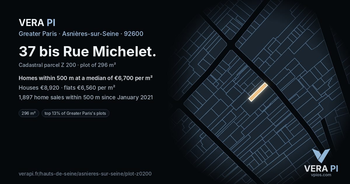 37 bis Rue Michelet, Asnières-sur-Seine at night – the plot lit, the parcels around coloured by the prices near them