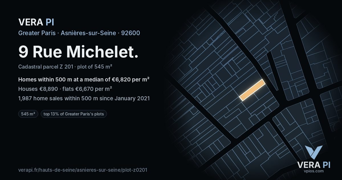 9 Rue Michelet, Asnières-sur-Seine at night – the plot lit, the parcels around coloured by the prices near them