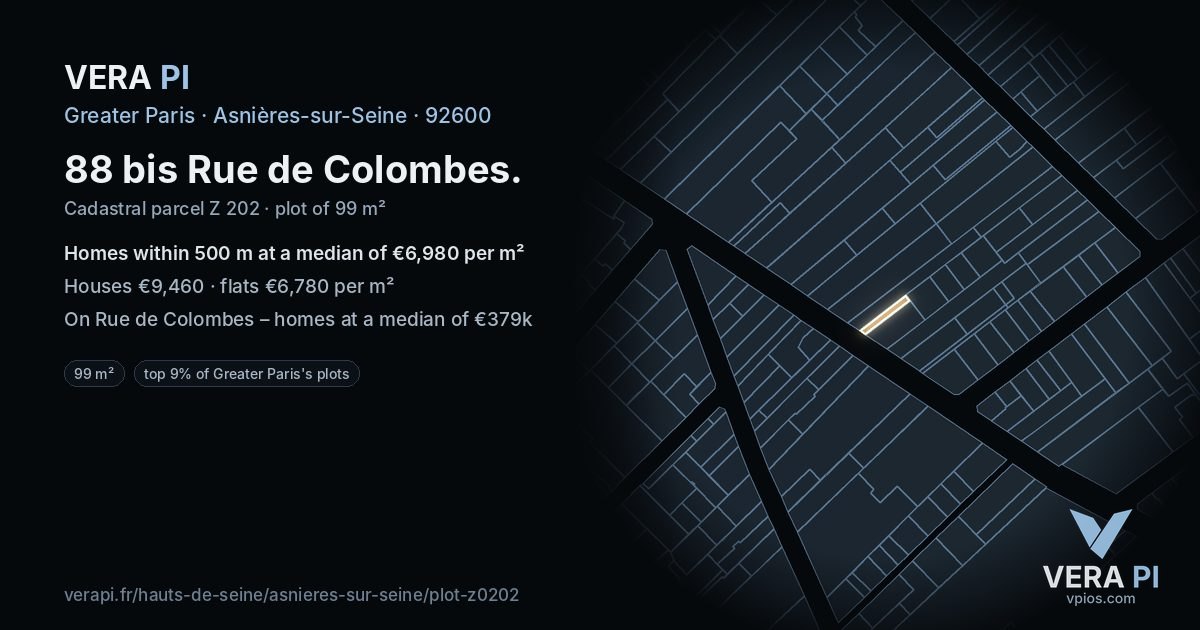 88 bis Rue de Colombes, Asnières-sur-Seine at night – the plot lit, the parcels around coloured by the prices near them