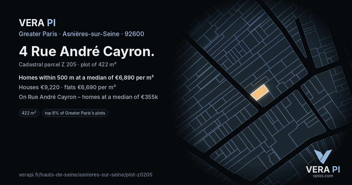 4 Rue André Cayron, Asnières-sur-Seine at night – the plot lit, the parcels around coloured by the prices near them