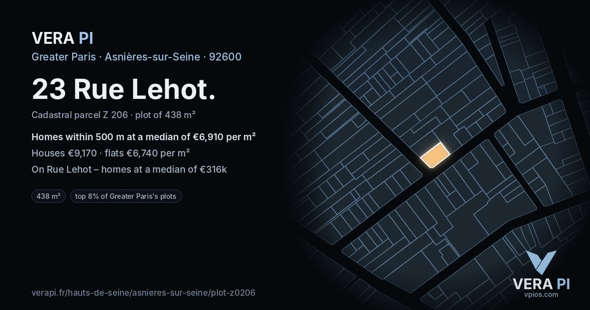 23 Rue Lehot, Asnières-sur-Seine at night – the plot lit, the parcels around coloured by the prices near them
