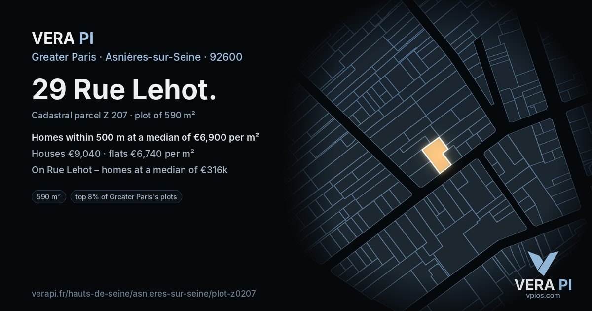29 Rue Lehot, Asnières-sur-Seine at night – the plot lit, the parcels around coloured by the prices near them