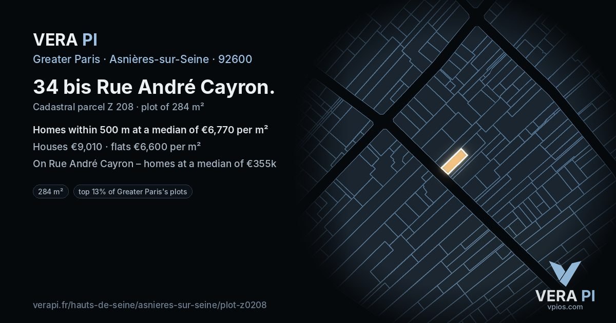 34 bis Rue André Cayron, Asnières-sur-Seine at night – the plot lit, the parcels around coloured by the prices near them