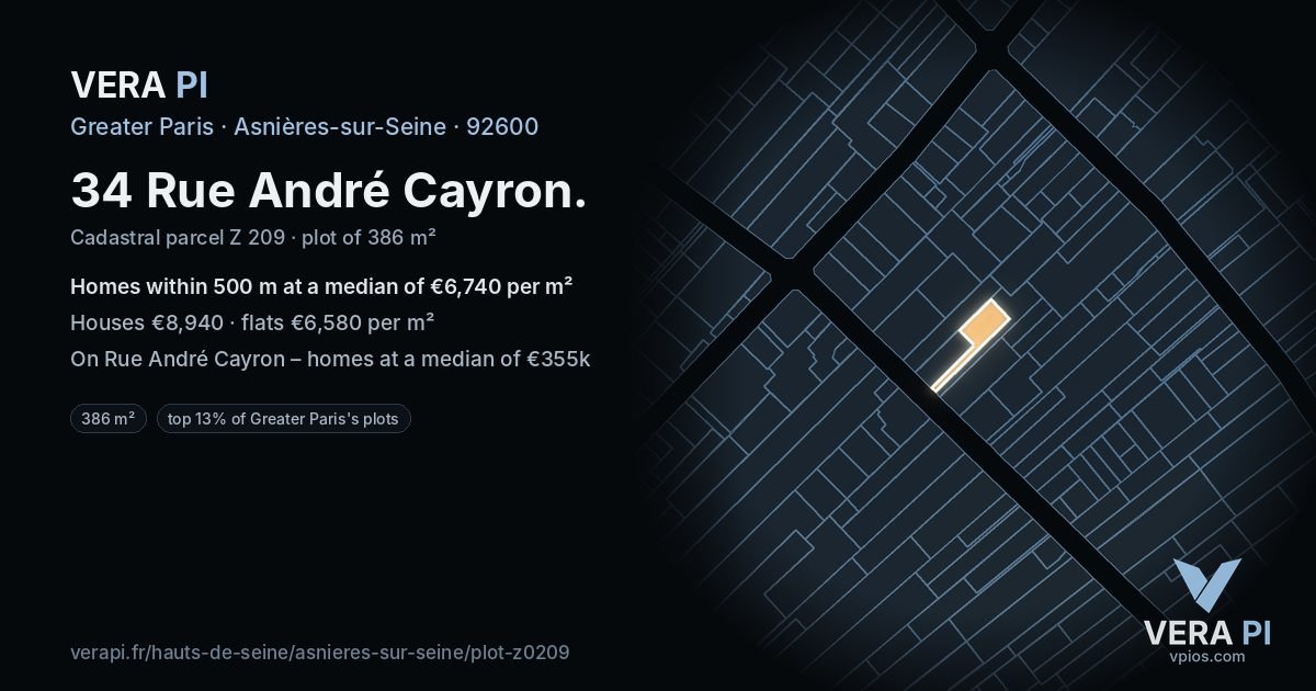34 Rue André Cayron, Asnières-sur-Seine at night – the plot lit, the parcels around coloured by the prices near them