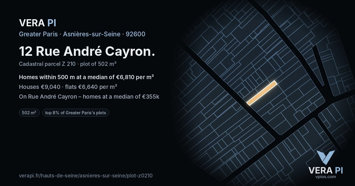 12 Rue André Cayron, Asnières-sur-Seine at night – the plot lit, the parcels around coloured by the prices near them