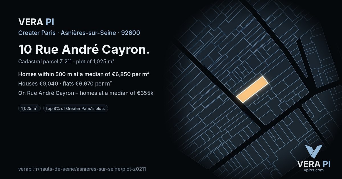 10 Rue André Cayron, Asnières-sur-Seine at night – the plot lit, the parcels around coloured by the prices near them