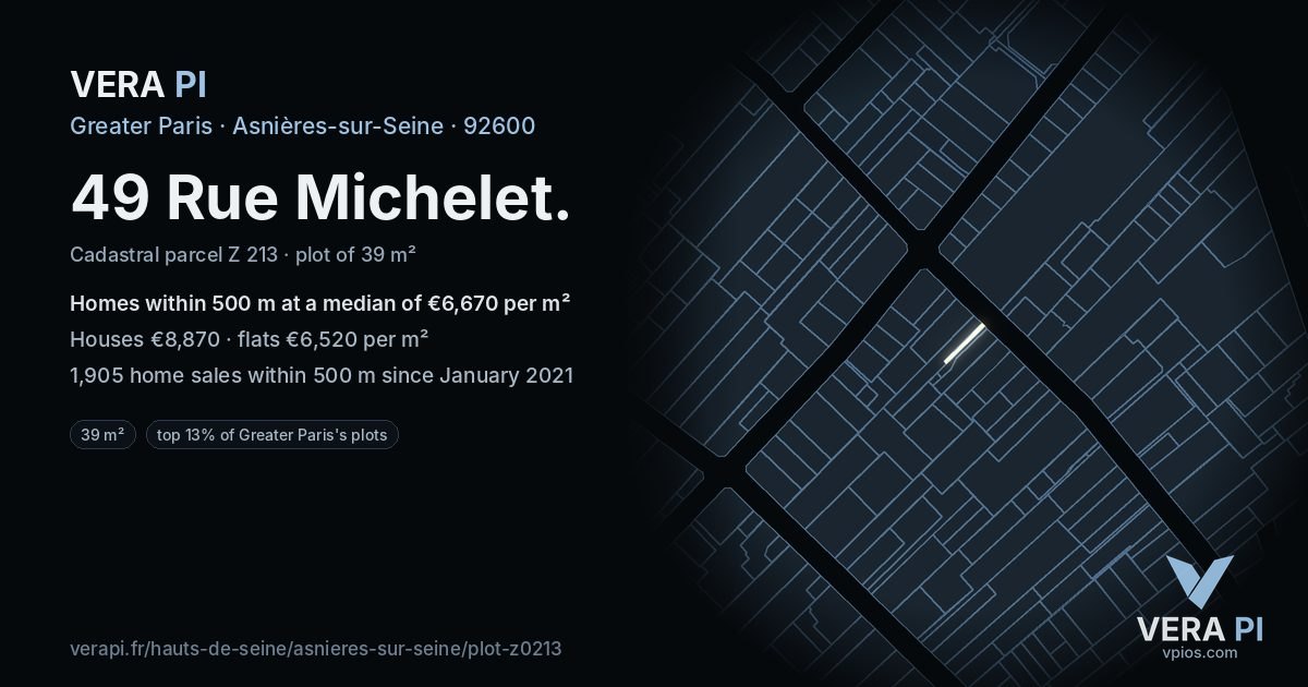 49 Rue Michelet, Asnières-sur-Seine at night – the plot lit, the parcels around coloured by the prices near them