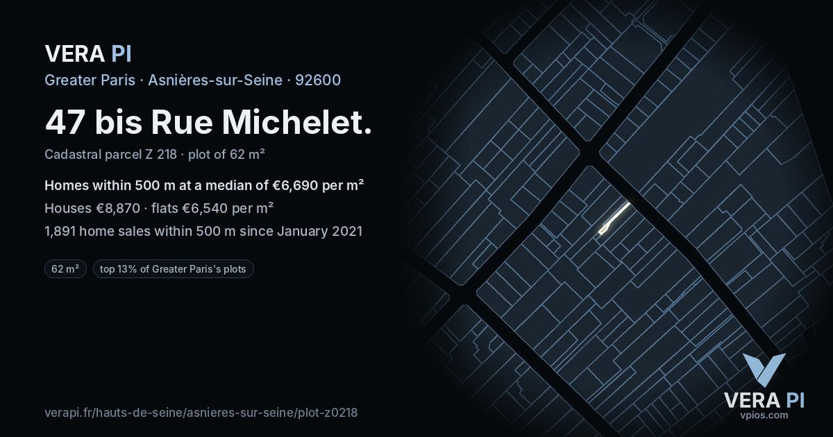 47 bis Rue Michelet, Asnières-sur-Seine at night – the plot lit, the parcels around coloured by the prices near them