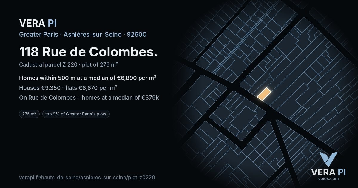 118 Rue de Colombes, Asnières-sur-Seine at night – the plot lit, the parcels around coloured by the prices near them