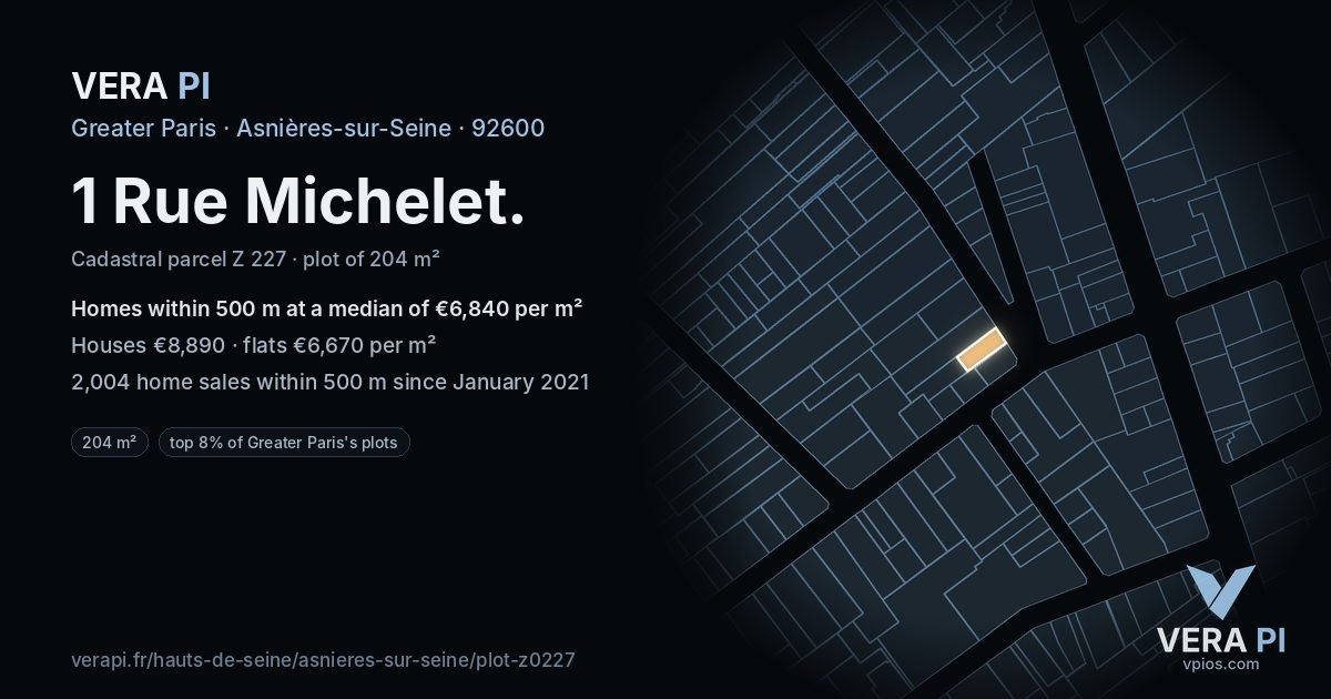 1 Rue Michelet, Asnières-sur-Seine at night – the plot lit, the parcels around coloured by the prices near them