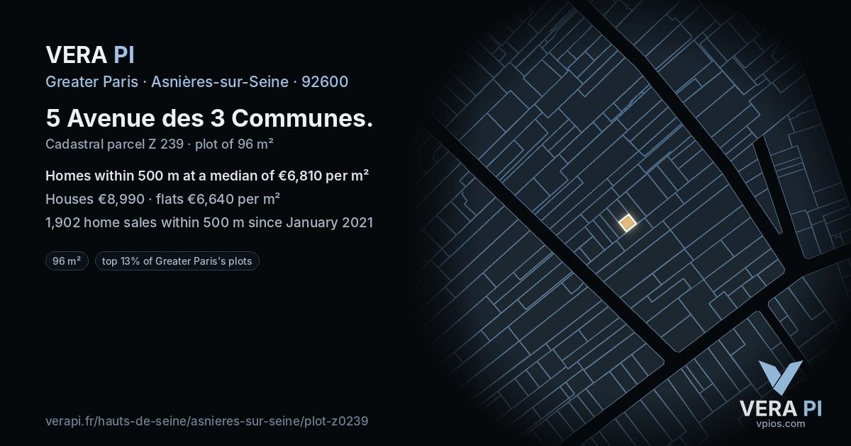5 Avenue des 3 Communes, Asnières-sur-Seine at night – the plot lit, the parcels around coloured by the prices near them