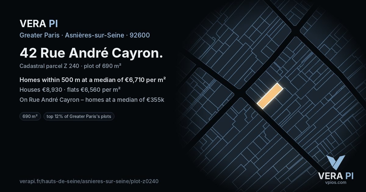 42 Rue André Cayron, Asnières-sur-Seine at night – the plot lit, the parcels around coloured by the prices near them
