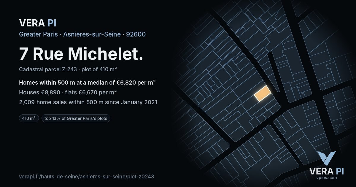 7 Rue Michelet, Asnières-sur-Seine at night – the plot lit, the parcels around coloured by the prices near them