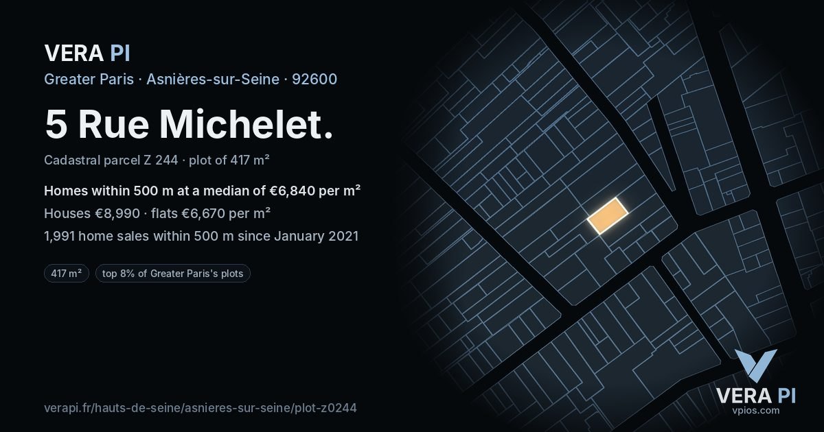 5 Rue Michelet, Asnières-sur-Seine at night – the plot lit, the parcels around coloured by the prices near them