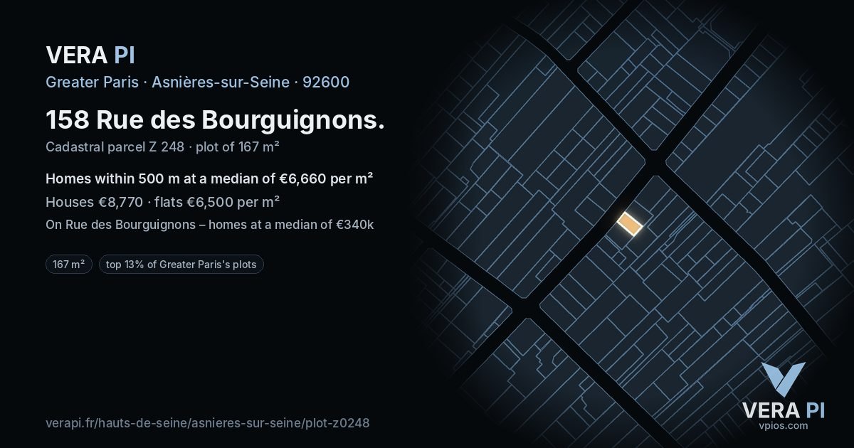 158 Rue des Bourguignons, Asnières-sur-Seine at night – the plot lit, the parcels around coloured by the prices near them