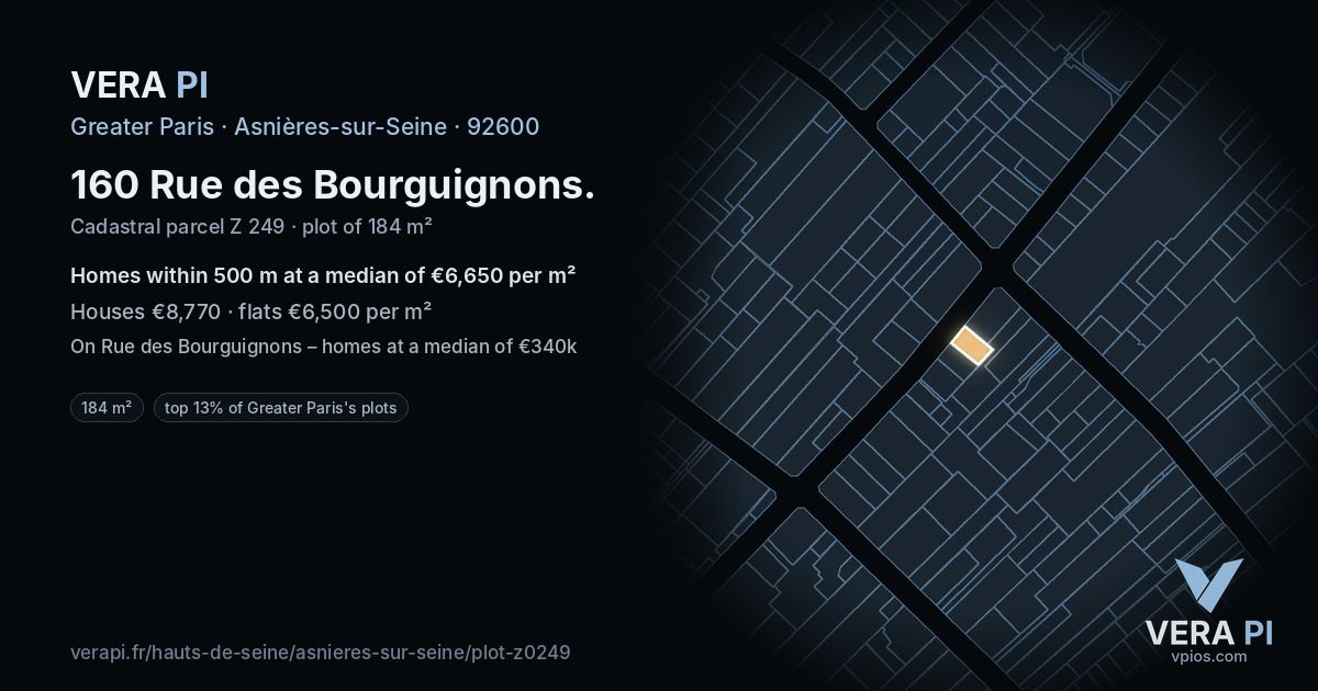 160 Rue des Bourguignons, Asnières-sur-Seine at night – the plot lit, the parcels around coloured by the prices near them
