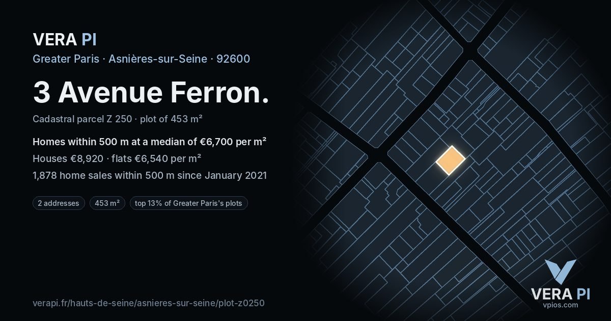 3 Avenue Ferron, Asnières-sur-Seine at night – the plot lit, the parcels around coloured by the prices near them