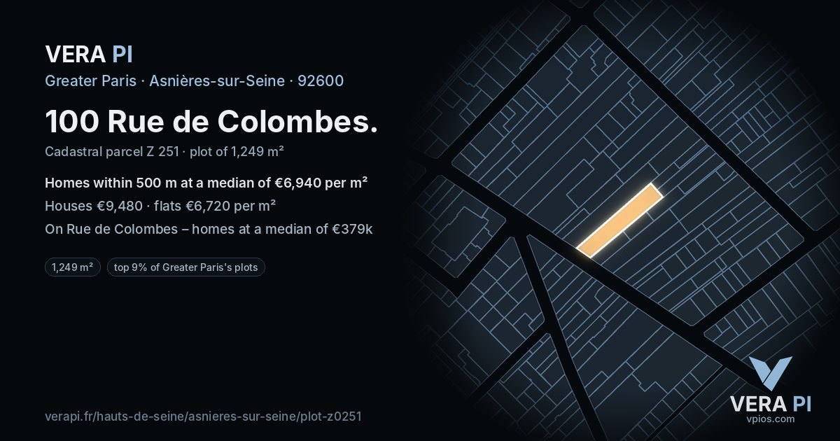 100 Rue de Colombes, Asnières-sur-Seine at night – the plot lit, the parcels around coloured by the prices near them