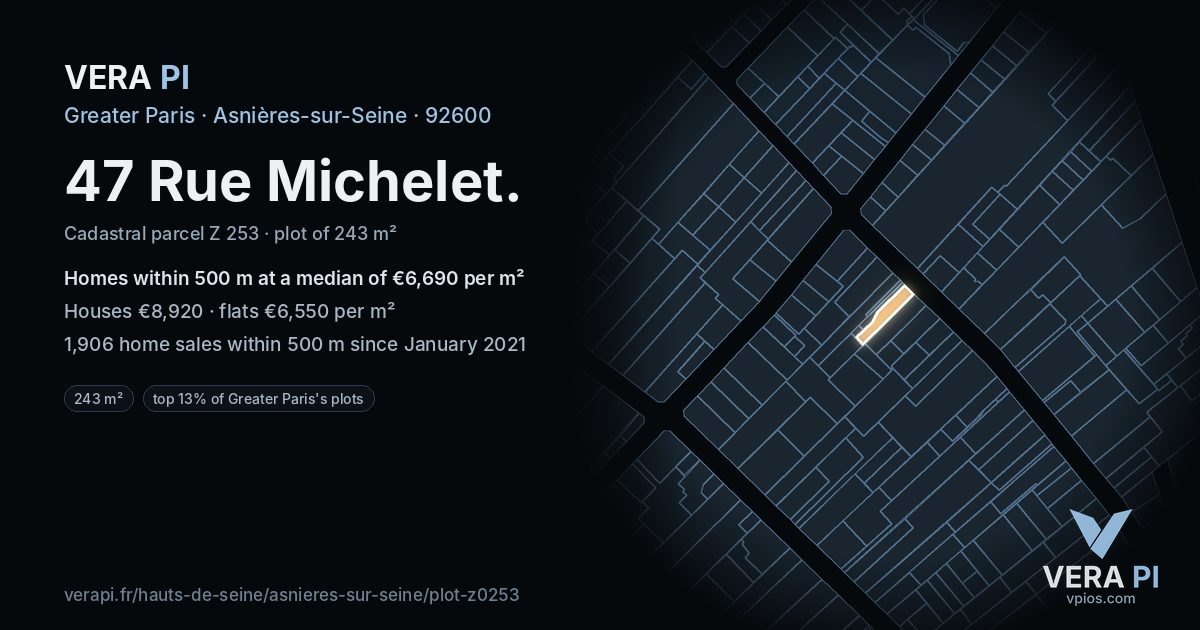 47 Rue Michelet, Asnières-sur-Seine at night – the plot lit, the parcels around coloured by the prices near them