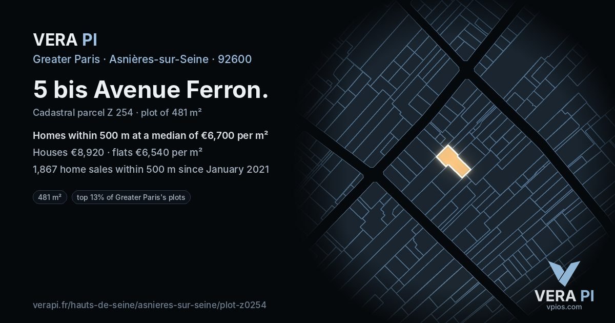 5 bis Avenue Ferron, Asnières-sur-Seine at night – the plot lit, the parcels around coloured by the prices near them