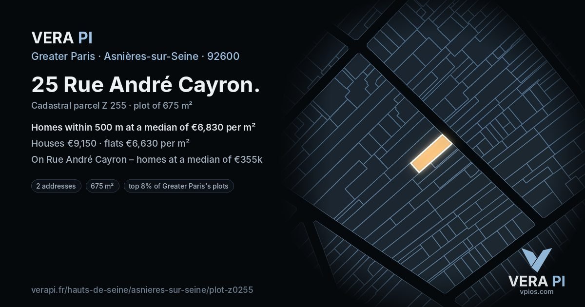 25 Rue André Cayron, Asnières-sur-Seine at night – the plot lit, the parcels around coloured by the prices near them