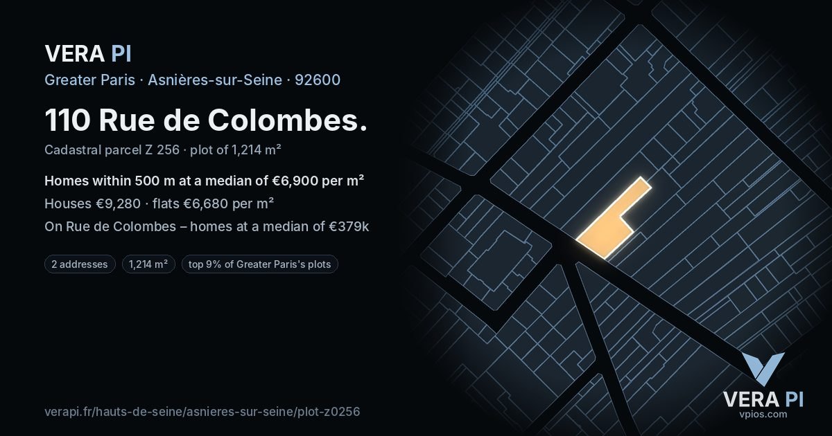 110 Rue de Colombes, Asnières-sur-Seine at night – the plot lit, the parcels around coloured by the prices near them