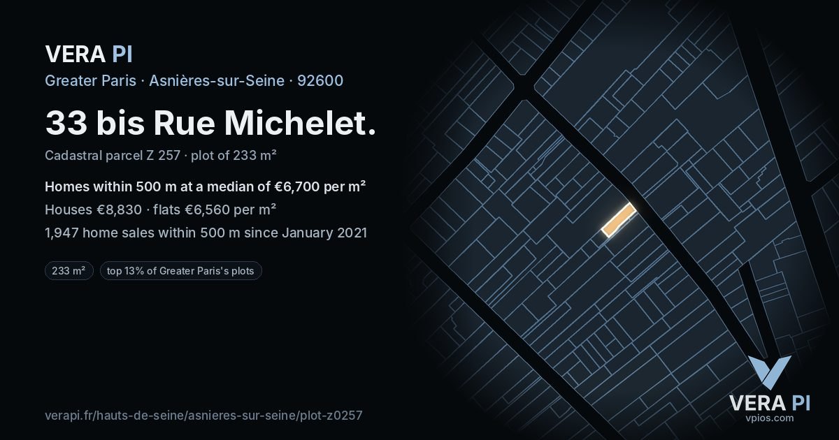33 bis Rue Michelet, Asnières-sur-Seine at night – the plot lit, the parcels around coloured by the prices near them