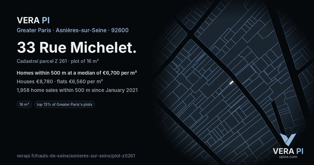 33 Rue Michelet, Asnières-sur-Seine at night – the plot lit, the parcels around coloured by the prices near them