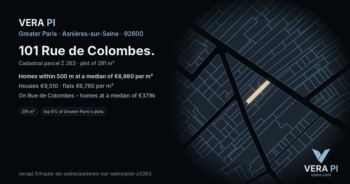 101 Rue de Colombes, Asnières-sur-Seine at night – the plot lit, the parcels around coloured by the prices near them